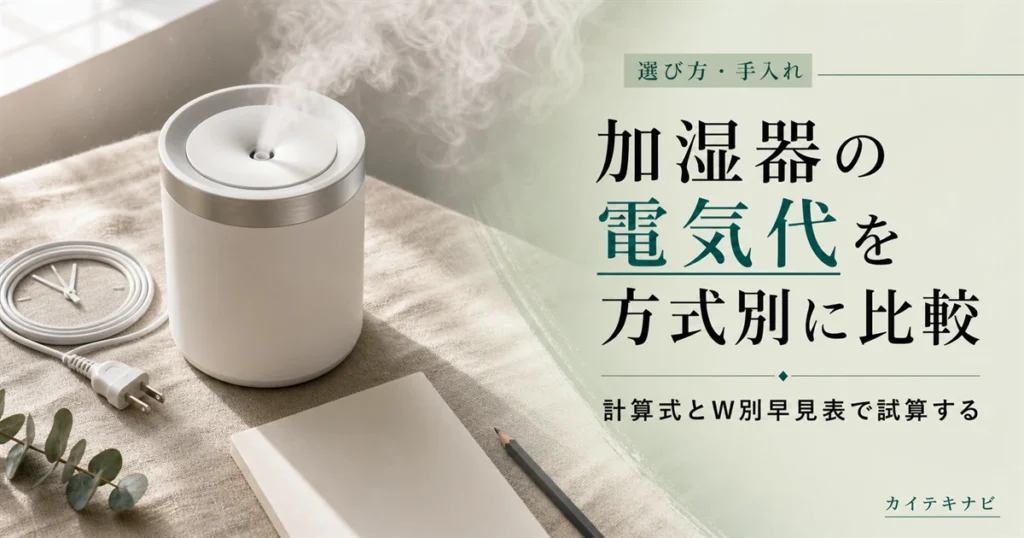 ウォームグレーの居室に置かれた無地の加湿器とやわらかい光のイメージ｜加湿器の電気代を方式別に比較する記事のアイキャッチ