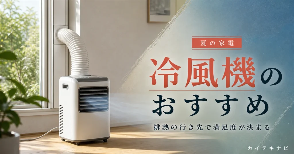 ウォームグレーの壁の居室で、窓際に置かれた無地の白い箱形家電とテラコッタのラグ｜冷風機・スポットクーラーのおすすめと選び方